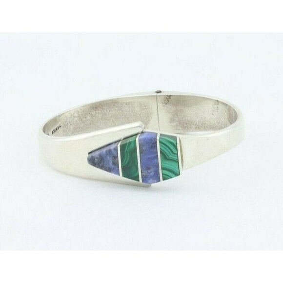 Sterling Silver Malachite and Sodalite Cuff Bracelet 7 inch Opens and Closes - Picture 5 of 8